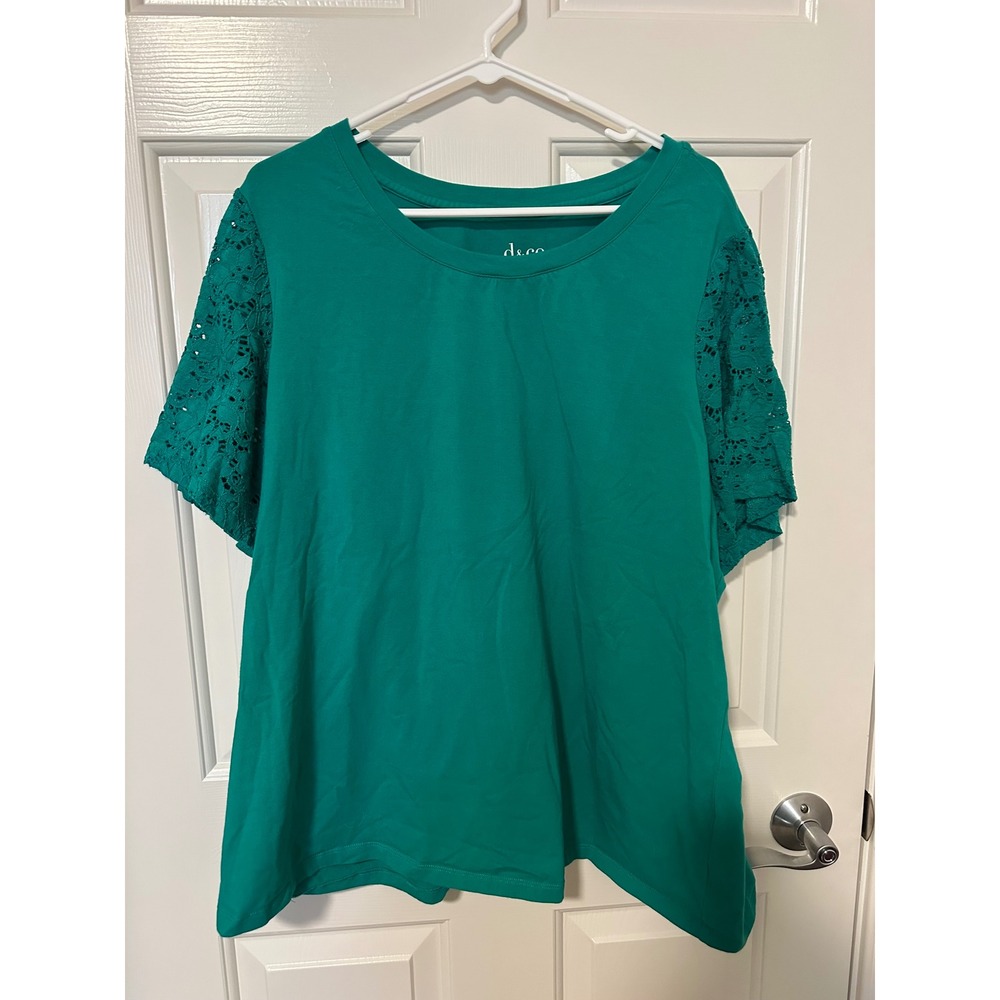 Denim & Co Top Women 2X Green Short Sleeve Lace Crochet Crew Neck Cotton Blend